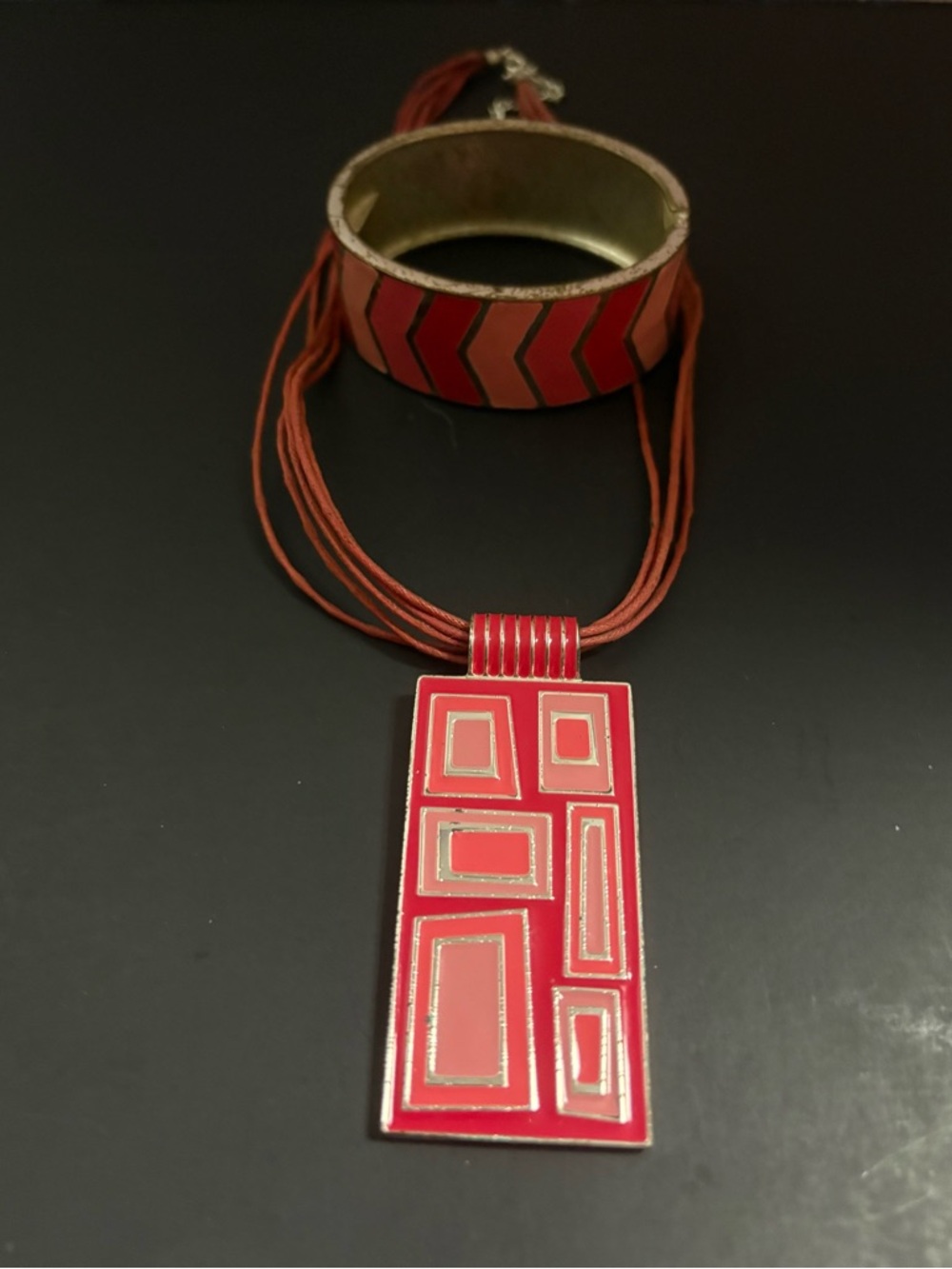 Geometric Shades of Pink Pendant Necklace with Matching Bangle